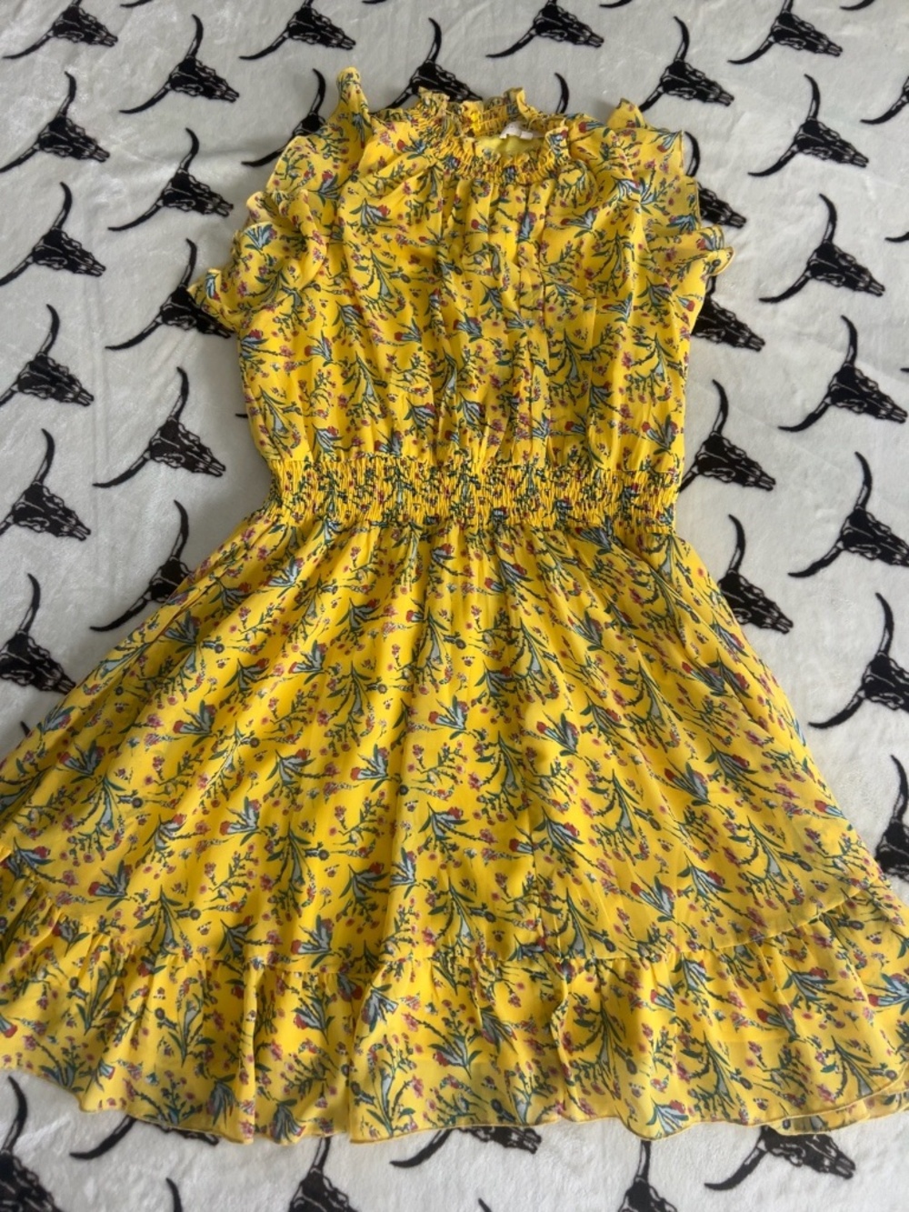 Melloday Yellow Floral Ruffle Dress Size M Smocked Waist Lined